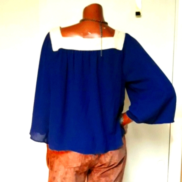 Flying Tomato 3/4 Length Sleeve Navy Blue Embroidered Boho Chic Blouse Sz L - Picture 5 of 10